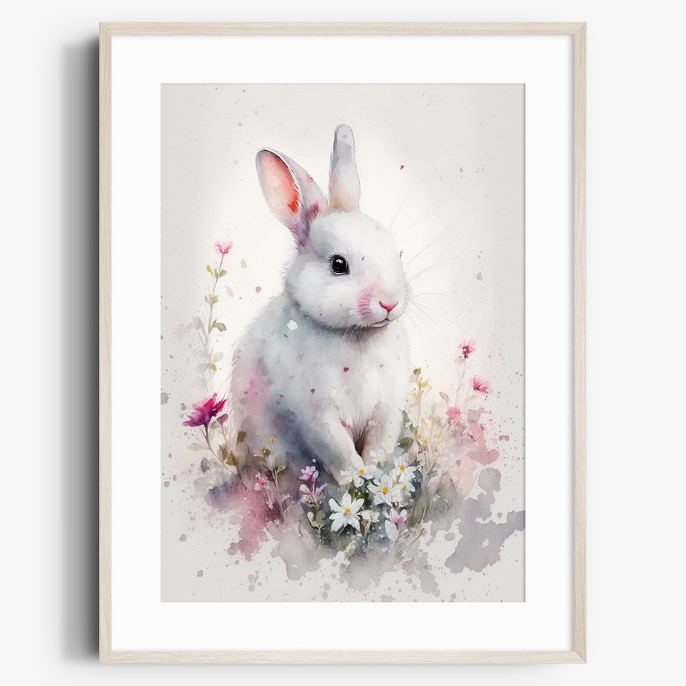 Cute Floral White Bunny Watercolor Wall Art Illustration Print Poster Unframed